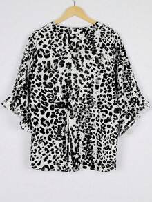 Plus Size Women Leopard Print Ruffle V-Neck Blouse Vacation Black - Black - View 3