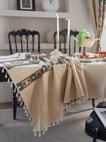 1PC Beige Geometric Retro Print Tablecloth With Tassel Edge, Rectangular Anti-Stain Dining Table Mat For Home Use - Multicolor - View 11