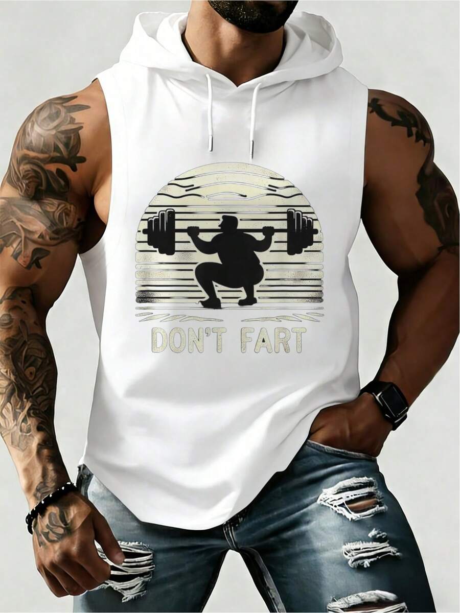 Men's Muscle Hooded Sleeveless Hoodie Tank Top With Dumbbell & Lettering Print - Loose Fit Gym Vest, Adjustable Hood, Breathable Workout Shirt For Summer Training, Fitness Training Suitable For Gym And Outdoor Activities HD - 白色 - 查看 1