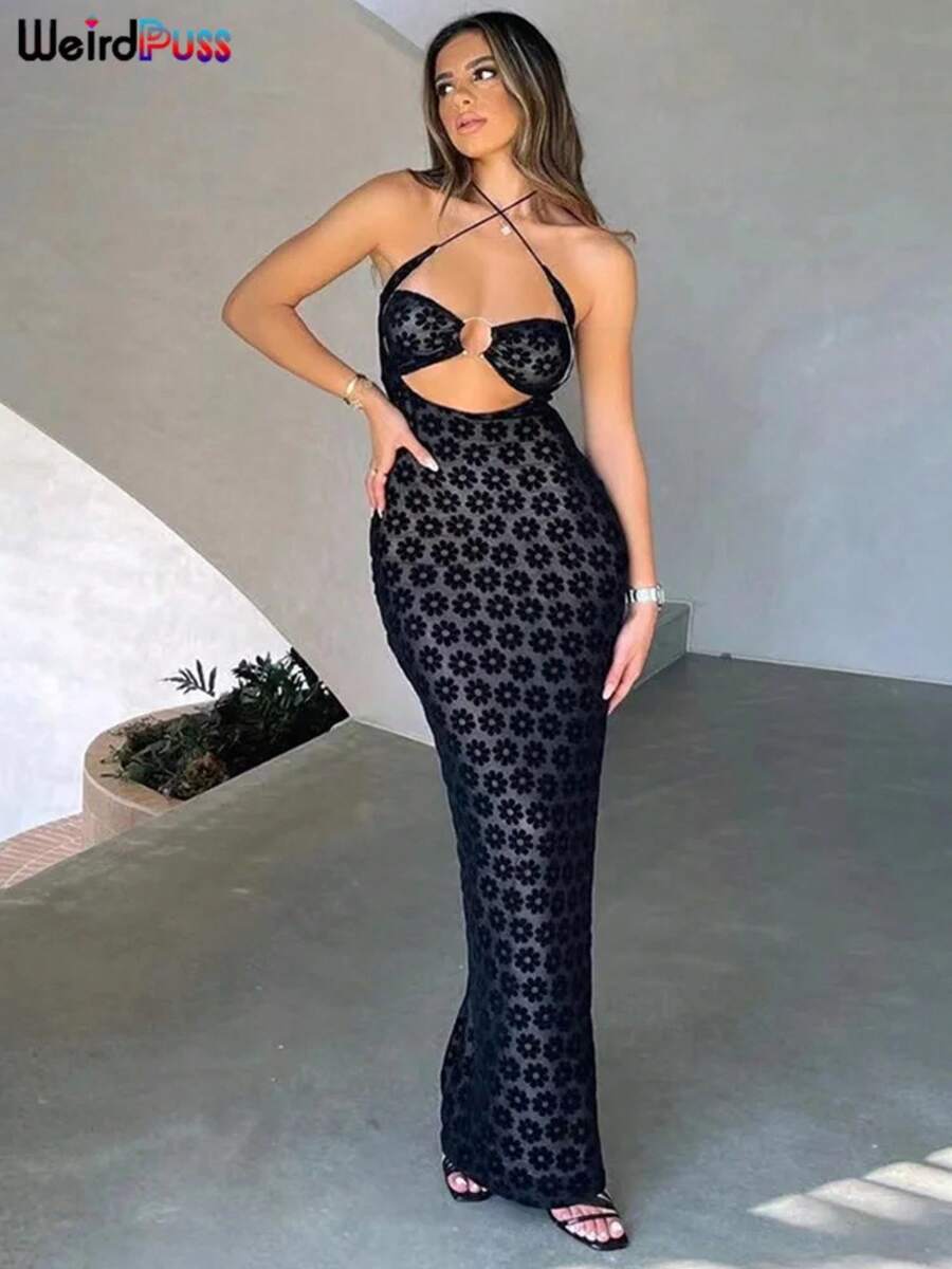 Vestido largo de doble capa con diseño de gato extraño para mujer, vestido liso con cordones de malla con flores huecas, ceñido al cuerpo, sin espalda, traje de vacaciones Sexy - Negro - Ver 1