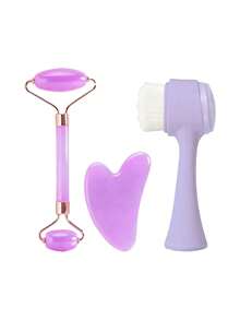 3 PiecesResin Facial Care Set: Dual Roller Massager + Heart-Shaped Gua Sha Board + Double-Sided Cleansing Brush, Home Cleaning Lifting Firming Skincare Beauty Kit - Black Facial Cleansing Set - View 16