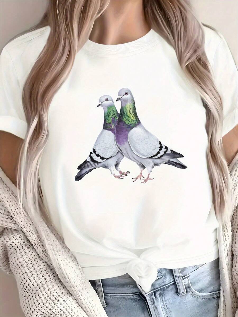 Elegante Dama con Palomas en la Hierba Camiseta Cómoda de Color Sólido - Blanco - Ver 1