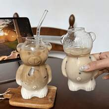 320ml/10.8 Oz 高硼矽玻璃熊造型杯附吸管套組，咖啡杯、早餐牛奶杯，可重複使用，適用於冰咖啡、果汁、水果茶等，聚會必備配件 - 彩色 - 查看 1