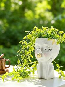 臉型花盆/植栽盆，適用於室內外植物，樹脂材質，適合多肉植物，附排水孔，可愛女士臉型植栽盆 - A - 查看 5