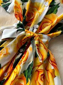 Elegant Women's Floral Print Dress With Short Sleeves, Lapel Collar, And Fitted Waist - Romantic Rose Design, Perfect For Spring Outings, Garden Parties, And Casual Events | Garden Party Dress | Floral Print Dress | Stylish Dress - 橘色 - 查看 4