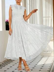 Women's Wedding Guest Dress, New And Elegant Fan-Shaped Lace Flared Dress, Retro Sleeveless Lace Dress, Suitable For Wedding Bridesmaid Dress, Evening Party, Casual Romantic Dates - 磨砂黑 - 查看 4