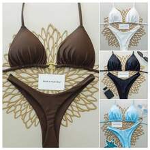 2026 New High-End Solid Color Halter Neck Triangle Cup Bikini Sexy Push-Up Two-Piece Beach Swimsuit Exclusive Supply - 黑色 - 查看 2