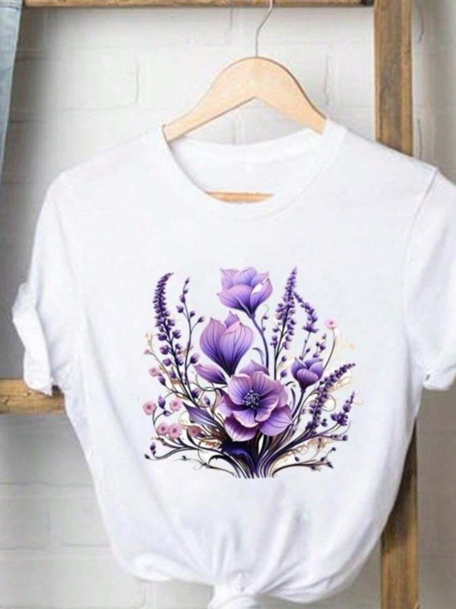 Graphic Print T-Shirts, Women's Casual Clothing, Love Letter Print T-Shirts, Cute And Popular Clothing, Fashionable Short Sleeve Crew Neck T-Shirts - 白色 3 - 查看 1
