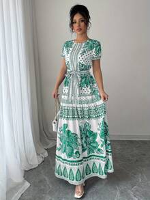 Vestido de Moda Oriental con Estampado Floral y Cinturón Ajustable para Mujer, Escote Redondo - Negro mate - Ver 5