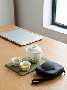 Portable Ceramic Travel Tea Set, Lotus Pattern Kung Fu Tea Set With Storage Bag, Reusable Gaiwan Teaware For Camping, Hiking & Office, Tea Kit For 3 People,Japanese Tea Sets - Multicolor - View 2