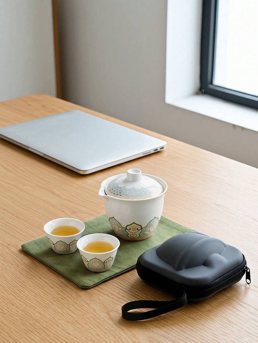 Portable Ceramic Travel Tea Set, Lotus Pattern Kung Fu Tea Set With Storage Bag, Reusable Gaiwan Teaware For Camping, Hiking & Office, Tea Kit For 3 People,Japanese Tea Sets