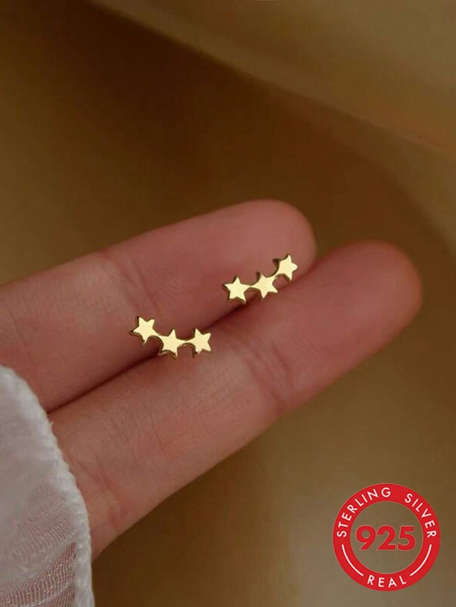 A Pair Of Cute, Mini, Simple, Versatile, And Exquisite S925 Sterling Silver Plated 14K Gold Earrings, Summer Star Earrings With Five Pointed Stars, Suitable For Girls And Women To Wear On A Daily Basis, And As A Gift Accessory For Women. - Gold - View 1