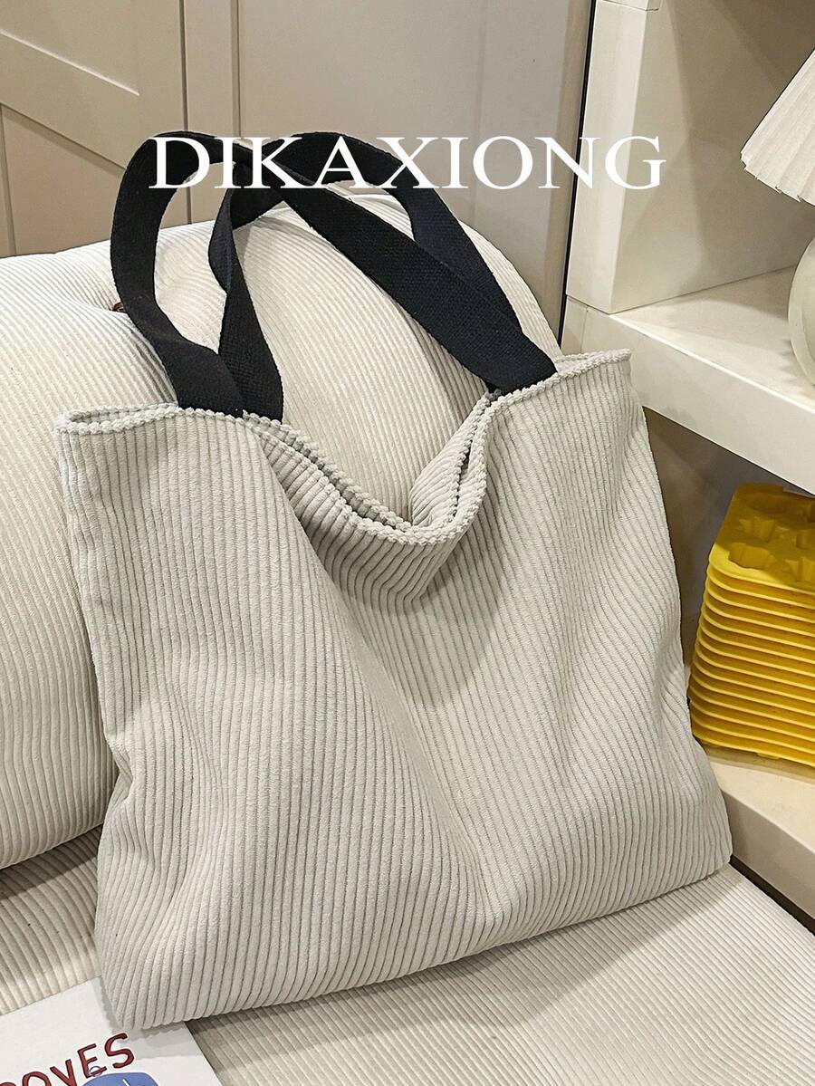 Large Capacity Corduroy Tote Shoulder Bag | Mustard Yellow Contrast Strap Bag | Work/School/Travel | Durable Bag - Multicolor - View 1