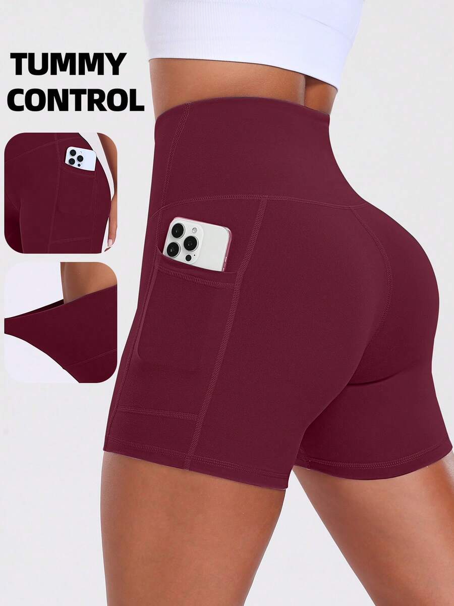 Women's Summer Solid Color Butt-Lifting Pocket Shorts, High Waist Tummy Control, Suitable For Fitness, Yoga, Running, Gym, Tennis Sports - Red - View 1