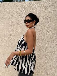 Women's Zebra Print Halter Neck Backless Mini Dress, Summer Vacation Sleeveless Flowy Beach Dress Casual - Black and White - View 6