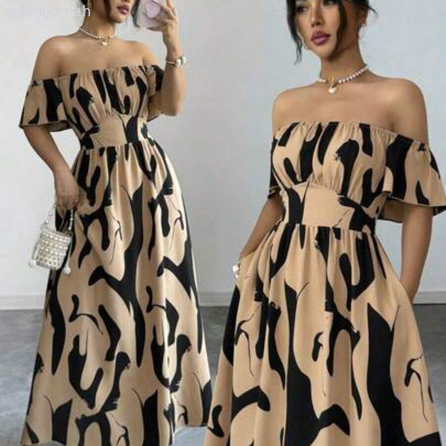 Nuevo vestido largo casual elegante con hombros descubiertos para mujeres AG - Caqui - Ver 1