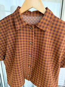ELLIE Casual Striped Printed Loose Cropped Shirt - 棕色格子 - 查看 4