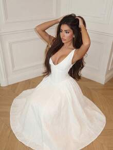 Elegant Charming Casual Romantic Wedding Party Holiday Lace-Up Date Dress White - White - View 2