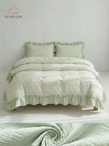 2/3 Pcs Princess Style Bedding Set 100% Polyester 3D Cut Flower Ruffle Duvet Cover No Insert All Season Modern Ruffled Duvet Cover With 1/2 Pillowcases - Green - View 1
