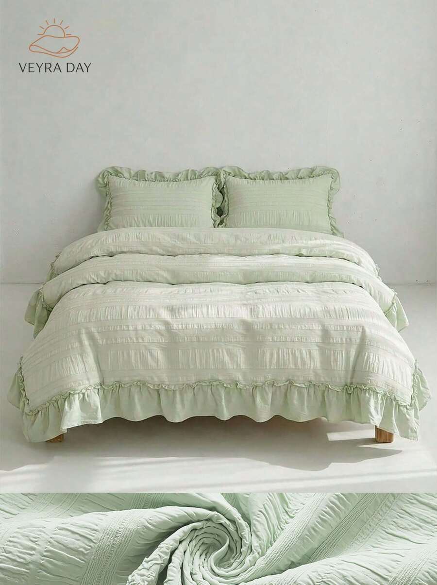 2/3 Pcs Princess Style Bedding Set 100% Polyester 3D Cut Flower Ruffle Duvet Cover No Insert All Season Modern Ruffled Duvet Cover With 1/2 Pillowcases - Green - View 1