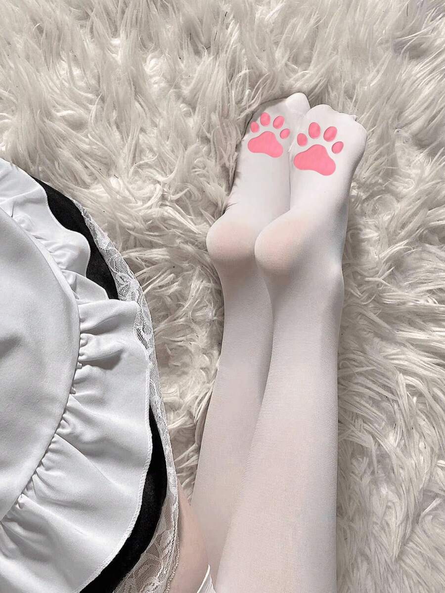 1 Pair Black/White Cute Cartoon Cat Paw Pad Over-The-Knee Socks - Multicolor - View 1