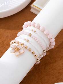 5pcs Sweet & Fresh Style Pink Beaded Bracelet Set With Flower Pendant Decor, Layered Bracelets For Women, Versatile For Daily, Commute And Date - Frangipani - View 5