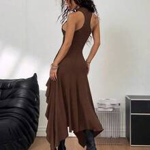 dahkjdgajy  Vestido sin mangas con volantes en el bajo, unicolor, corto por delante y largo por detrás, atuendo bohemio para conciertos - Marrón - Ver 7