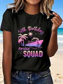 50th Birthday Cruise Squad T-Shirt With Palm Tree Ship Design Fashionable Fun Beach Party Outfit Perfect Gift For Women Summer Vacation Celebration Casual Wear  Style Lightweight Comfortable Top - 黑色 - 查看 12