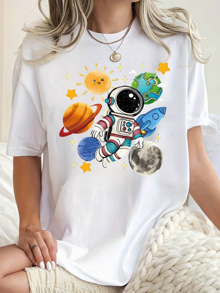 2026 Plus Size Women's Crew Neck Printed T-Shirt, Casual Women's Sports T-Shirt With Creative And Fun Astronaut And Planet Print. Crew Neck, Short Sleeve, Comfortable Summer Top, 100%. 2026 - 白色 - 查看 1