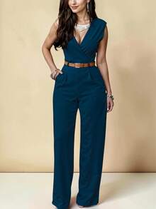 Elegant Palazzo Jumpsuit With Crossover Neckline And Adjustable Belt Included - Teal Blue - View 1