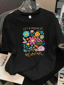 Camiseta de manga corta y cuello redondo para mujer con coloridas ilustraciones florales y palabras como "let us" y "let" impresas, apta para todas las estaciones. - Negro - Ver 1