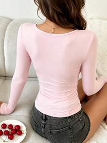 Top rosa morbido ed elastico con scollo a U e maniche lunghe per donne, maglietta aderente con vita arricciata tinta unita per stratificazione, abbigliamento casual da casa, abbigliamento da notte per donne - Rosa - Visualizzare 2