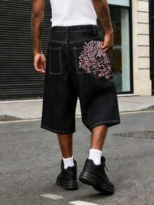 Men Six-Point Shorts Retro Cherry Blossom Embroidered Loose Wide-Leg Denim Jeans With Fake Pockets In Back - Black - View 1