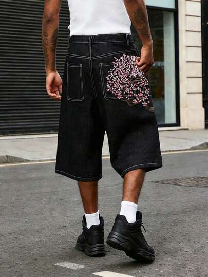 Men Six-Point Shorts Retro Cherry Blossom Embroidered Loose Wide-Leg Denim Jeans With Fake Pockets In Back