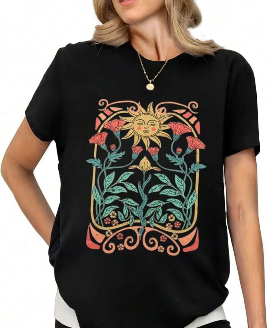 Women's Vintage Bohemian Floral Print T-Shirt, Short Sleeve Printed Blouse For Girls, Breathable And Comfortable. Pure Cotton T-Shirt, Soft And Comfortable To The Touch. - - 9 - 查看 1