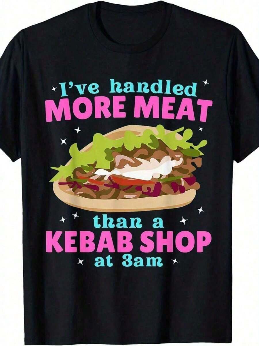 Camiseta con Divertido Eslogan de Kebab Shop - "He manejado más carne que una tienda de kebab a las 3 de la mañana" - Camiseta con Estampado Retro de Doner Kebab y Gyro Griego - Regalo para - Negro - Ver 1