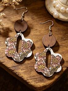 1 Pair Vintage Floral Patchwork Round Double-Layer Wooden Earrings, Summer Pastoral Printed Flower Daily Versatile Ear Jewelry - Multicolor - View 4