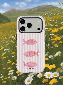 GIIPPA 1個淡粉色條紋底色配粉色魚圖案設計，Phone 17 Pro Max 手機殼，相容於 Phone 16 Pro Max、15 Pro Max、14 Pro Max、11/12/13/14/15/16 Pro Max Plus，韓式高端時尚趣味手機殼，優雅設計適合男女，聖誕節、情人節、復活節、婚禮季和生日送女友的完美禮物！ - 粉色 - 查看 7