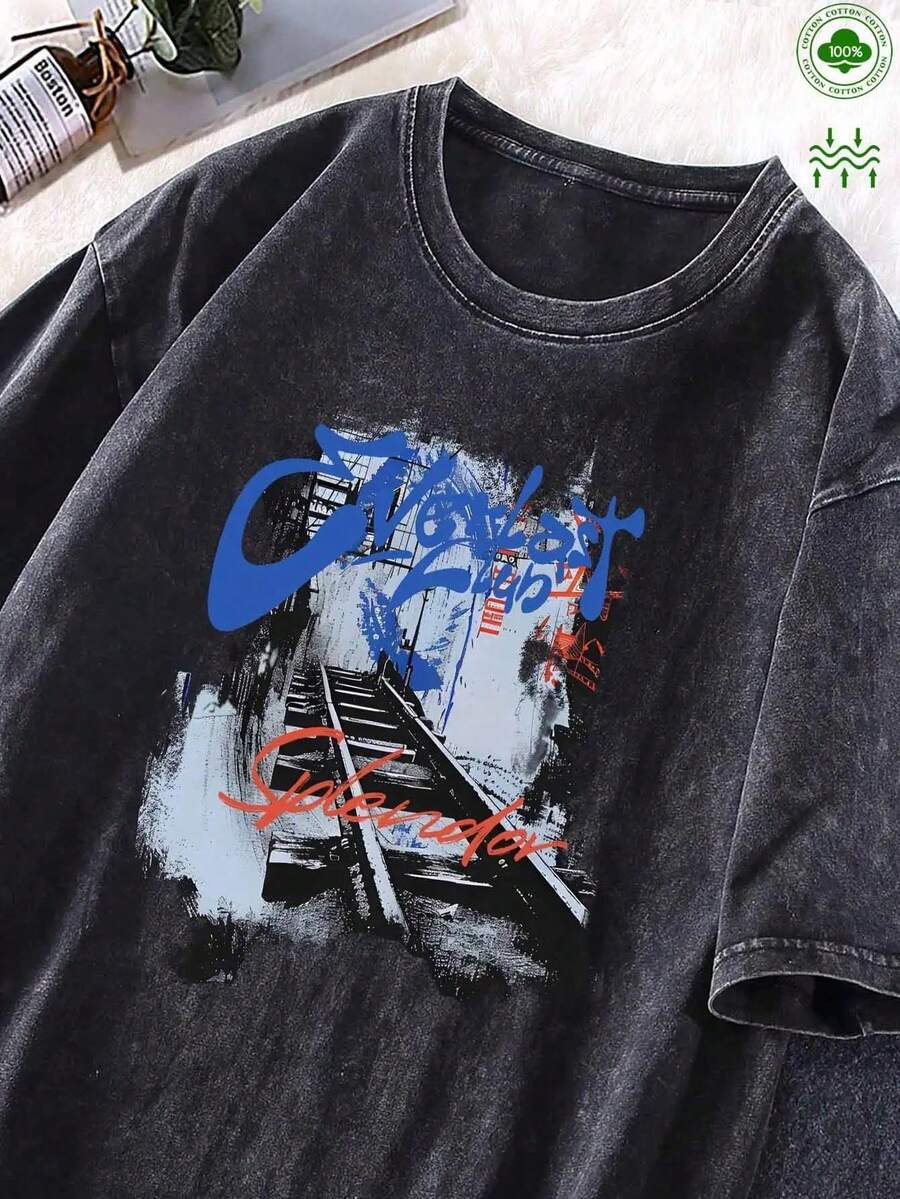 Women's Vintage Washed T-Shirt 100% Cotton 2025 - Casual Crew Neck Loose Fit T-Shirt With Purple And Blue Artistic Print, Machine Washable, Everyday Top | Vintage Style T-Shirt | Soft Fabric - 黑色 - 查看 1