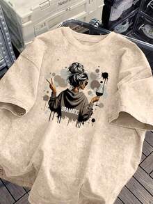 Women's Spring And Summer Printed White T-Shirt With Slogan From The Korean Drama "My Treatment", Stylish And Decent Theme Park Travel Clothes, Ideal For Travel And Tourism, Fashionable Short-Sleeved Round Neck Top. - 杏色 - 查看 1