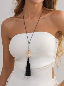 1pc Elegant Fashion Vintage Exaggerated Geometric Wax Cord Y-Shaped Tassel Resin Seashell Pendant Charm Jewelry Necklace, Luxurious & Chic, Suitable For Wedding, Banquet, Vacation, Party, Daily Casual, Street Style, Women, Couples, Holiday, Birthday, Versatile Necklace Gift - Necklace - View 4