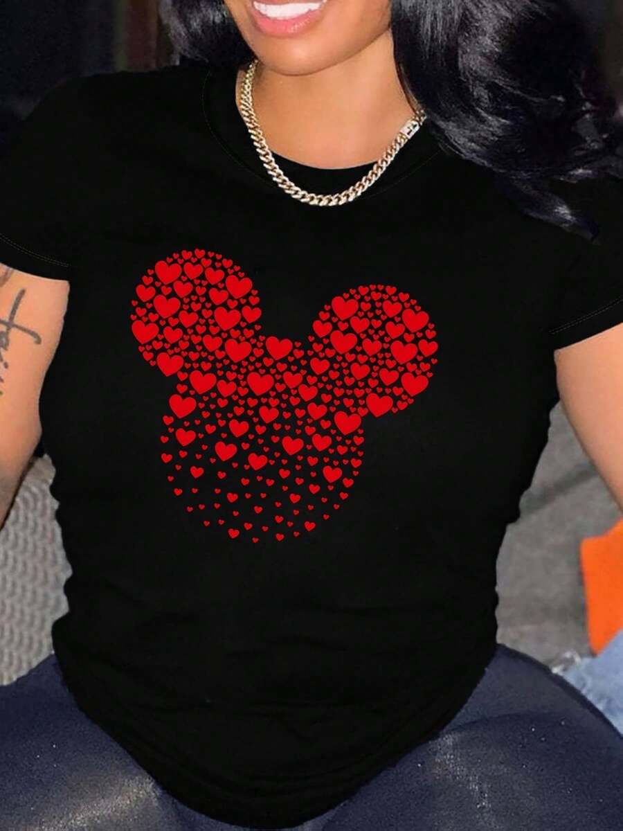 2026 Plus Size Women's Short Sleeve Casual Print T-Shirt, 1 Piece Bear And Heart Pattern T-Shirt For Valentine's Day - Casual Short Sleeve Crew Neck T-Shirt, 100% Knit Fabric, Regular Length T-Shirt - 黑色 - 查看 1