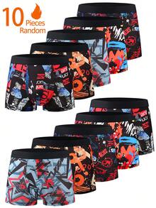 10pcs/Pack Random Mix Print Pattern Men's Boxer Briefs, Comfortable Boxer Shorts, High Elastic Mid-Rise Athletic Underwear, Stylish Men's - Multicolor - View 12