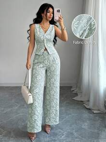 Conjunto de 2 piezas de chaleco y pantalones azules de estilo elegante y casual para uso diario y de negocios, con estampado de margaritas africanas y relieve de jacquard, para mujer - verde menta - Ver 1