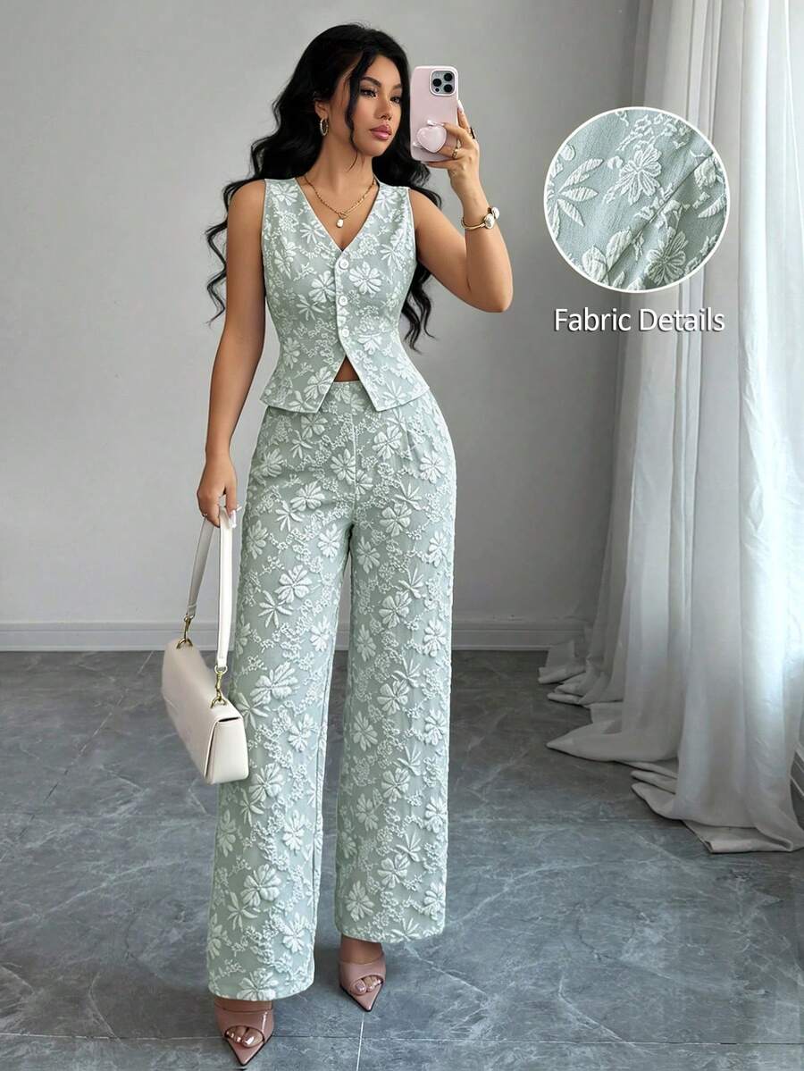 Conjunto de 2 piezas de chaleco y pantalones azules de estilo elegante y casual para uso diario y de negocios, con estampado de margaritas africanas y relieve de jacquard, para mujer - verde menta - Ver 1