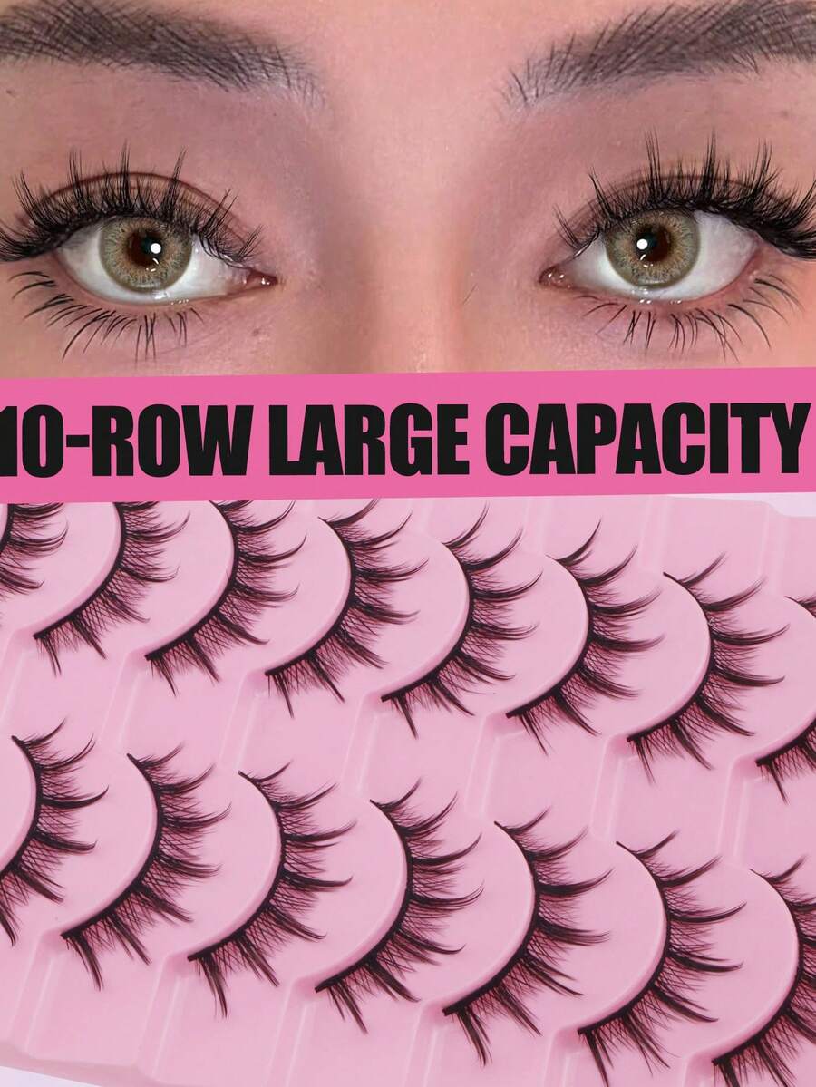 10 Pairs Pointed Tail Cartoon Eye Fluffy Curly Black Stem Natural Curly Thick Long Soft Non-Irritating Cartoon Style Full Strip False Eyelashes Realistic Daily Eyelashes Portable Upper Lash Reusable - View 1
