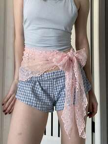 1 pieza Fajín de cintura elegante para mujer con bordado floral de cuentas, ligero con ribete de encaje transparente ondulado, bufanda bordada vintage, chal de lujo estilo bohemio, decoración de cintura elegante para mujer, capa de vacaciones, fiesta de vacaciones, uso diario, también se puede usar como decoración de bolso - Blanco - VE169 - Ver 3