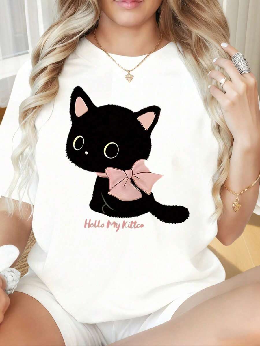 Camiseta Casual para Mujer con Cuello Redondo y Mangas Cortas, Estampado Divertido de Gato, Camiseta para Mujer con Diseño de Gatito, Top Casual de Manga Corta con Lazo Rosa, Suave y Cómoda, Camiseta de Moda, Adecuada para el Día de San Valentín, Navidad, Fiestas, Actividades Deportivas, Fiestas de Vacaciones, Salidas, Deportes y Otros Regalos Festivos. Moda - Blanco - Ver 1