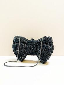 Elegant Luxurious Silver/Red/Black/Gold Bow-Shaped Crystal Evening Clutch, Fully Handmade Rhinestone Bow Design Handbag, Diamond Handbag - Black - View 6