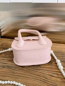 1pc Girls Solid Color Crocodile Pattern PU Magnetic Closure Fashion Handbag Pearl Chain Mini Shoulder Crossbody Bag Suitable For All Seasons Daily Use - A - View 7